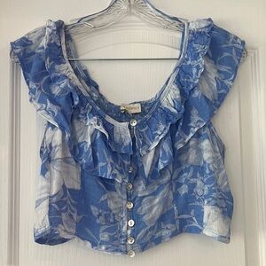 Cynthia Rowley Blue and White Ruffle Blouse